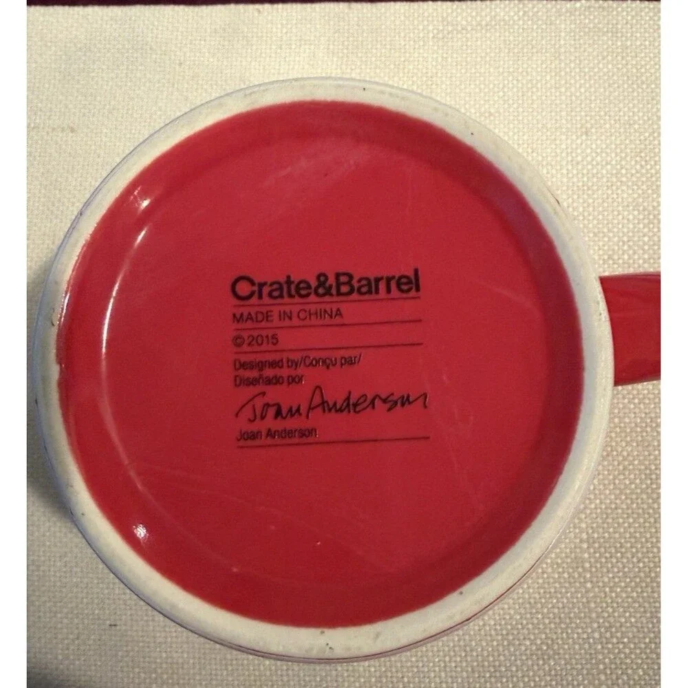 Crate & Barrel Red Christmas Snowman/Tree Mug Designed by Joan Anderson Set of 2
